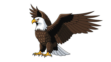 Obraz premium Powerful bald eagle with dark brown feathers and a white head stands with its large wings spread out in a proud pose.