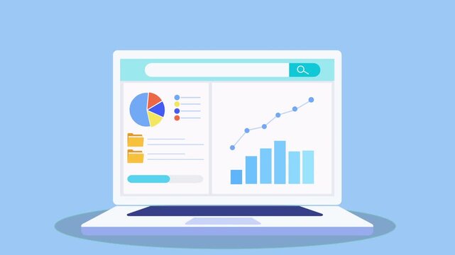 Flat animation of a laptop dashboard with pie chart, bar chart, task list panel, and rising line graph, representing data analytics, task management, and business growth tracking.
