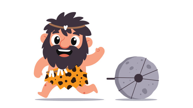 Energetic caveman with a long beard and leopard print clothing runs beside a primitive stone wheel in a fun vector style.