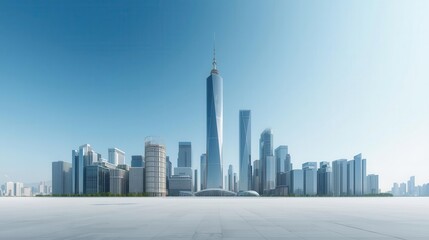 Obraz premium Modern futuristic skyline of Dubai with Burj Khalifa under clear blue sky, minimalist cityscape architecture