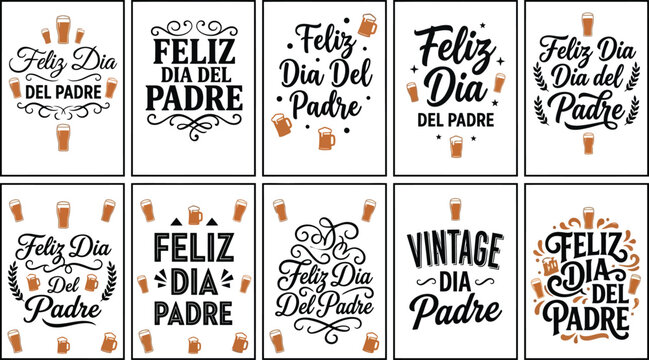 Vintage Feliz Dia del Padre typography set, 10 Spanish Father's Day greeting cards with beer icons, retro lettering for dad celebration