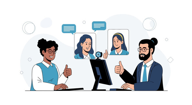 Teamwork video call: Diverse colleagues collaborating online with thumbs up