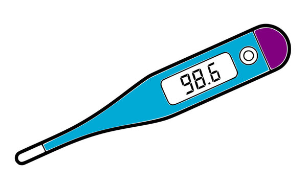Colorful digital thermometer displaying 98.6 degrees Fahrenheit normal body temperature, ideal for medical, healthcare, and fever measurement concepts in flat style illustration