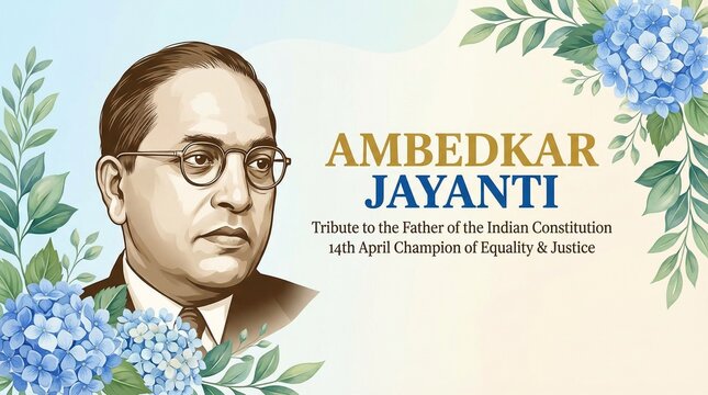 Ambedkar Jayanti celebration poster with blue flowers.