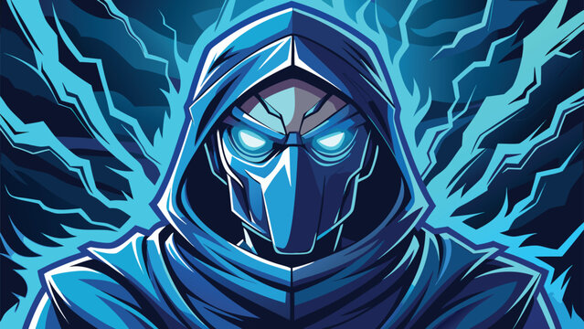 Mysterious cloaked figure emerging from an ethereal blue aura of cosmic energy