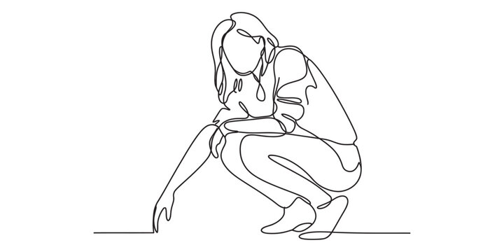 Continuous line drawing of a woman crouching
