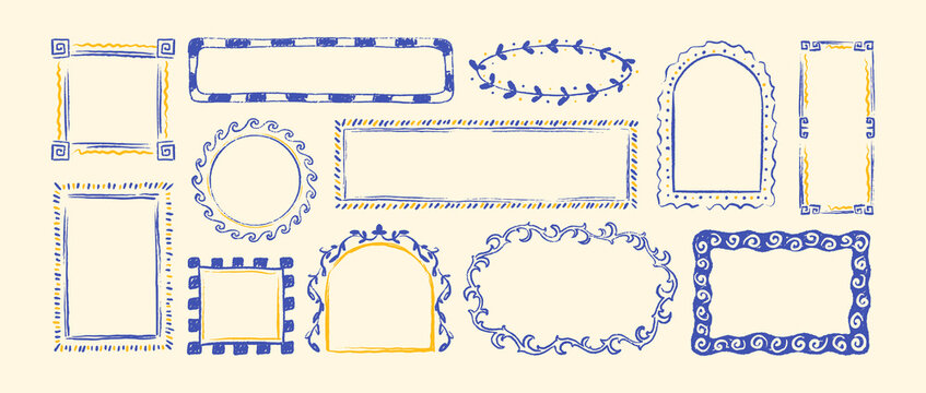 Set of mediterranean hand drawn crayon frames. Italy, Amalfy, Positano La Dolce vita style borders. Greek key pattern, sea wave Poseidon motif, mosaic ornament boarders. Postage stamp and postcard