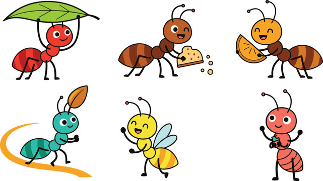 Cute cartoon ants collection with different activities carrying food leaf and fruits colorful insect characters vector illustration
