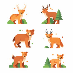 Fototapeta premium Cartoon deer and fawn illustrations set.