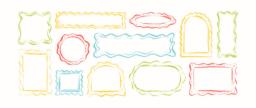 Crayon scribble childish scalloped edge frames set. Hand drawn doodle watercolor wavy, curve, zigzag, undulate kid whimsical borders. Rectangle, circle, oval, square, arch irregular organic shape
