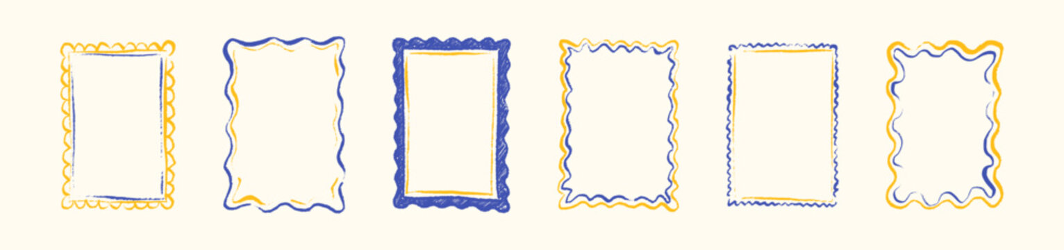 Blue and yellow Mediterranean coastal hand drawn crayon frame set. Scalloped edge, wavy, curve postage stamp boarder. Greece, Italy, Amalfi summer vacation style. Wedding invitation paint brush border
