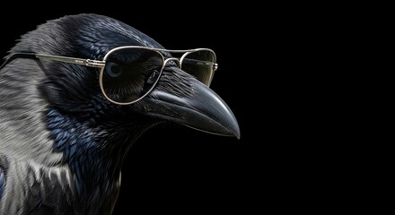 Obraz premium Black Bird Wearing Sunglasses on Black Background