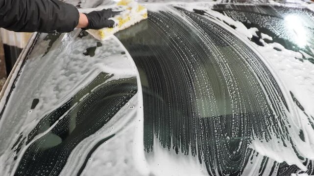 Car washer does full body car wash with soap and yellow sponge. Process of spraying foam on the auto body in the station. Second phase of detailing washing in car service.  Cleaning the car. 