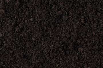 Fototapeta premium Fertile agricultural soil as background, top view. Mixed soil with peat added to improve fertility. Organic compost mixed with agricultural soil.