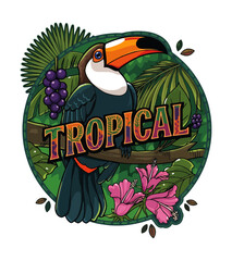 Fototapeta premium Vibrant Toucan Bird Perched on a Branch Surrounded by Lush Tropical Foliage and Exotic Flowers Isolated on Transparent Background Best Selling T-shirt Design