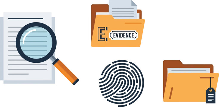 Investigation documents and a magnifying glass are displayed near evidence folders and a fingerprint icon representing forensic analysis.