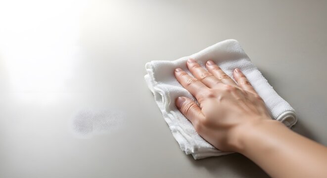 Hand wiping down a surface with a white cloth
