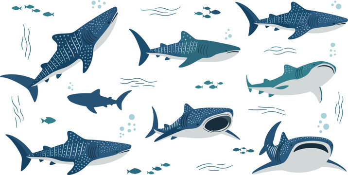 Cartoon Whale Shark Set with Various Poses and Ocean Background for Marine Life, Underwater, and Oceanic Designs