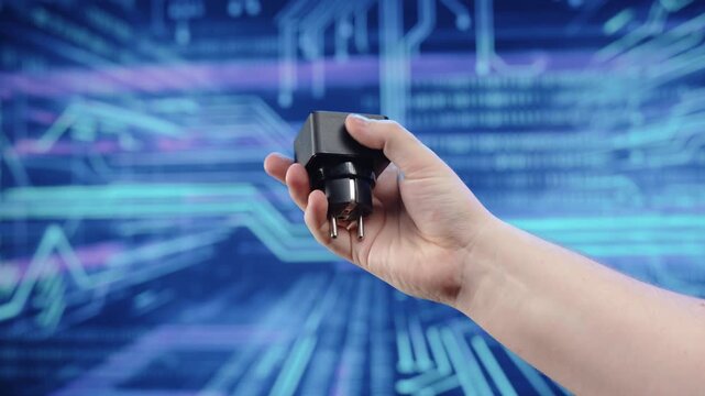 Hand holding wall power plug adapter on digital background