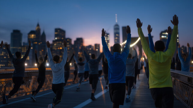 Running club members stretching together on urban bridge at dawn, athletic wear glowing under streetlights, city skyline backdrop creates powerful silhouettes, ideal for community fitness, group exe