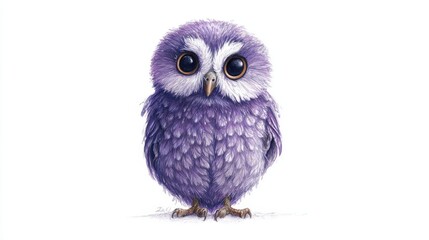 Obraz premium Whimsical Purple Owl Intricate Feather Detail Large Dark Eyes Cute Bird Character Illustration Art Design