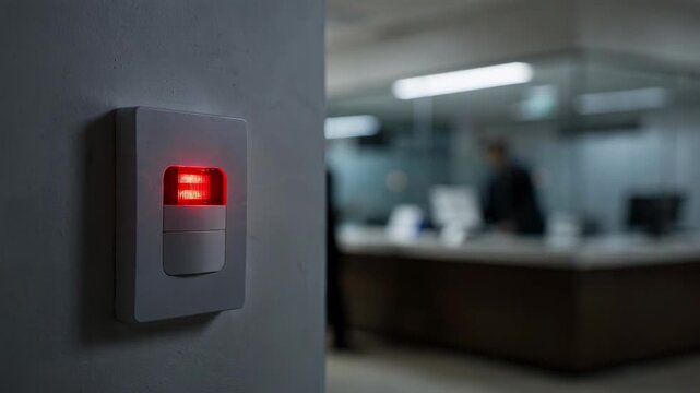 Closeup of alarm panel glowing red on wall near entrance with outoffocus bank interior providing a sense of secure afterhours monitoring.