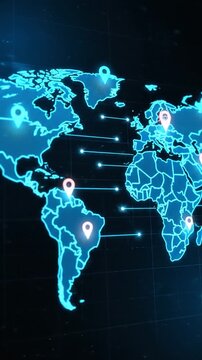 Global connections map with glowing blue lines and pins on a dark background, symbolizing international network and communication