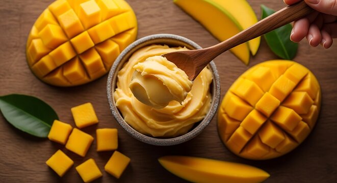 A wooden spoon lifting smooth yellow mango cream from a small bowl surrounded by fresh mangoes. mango butter