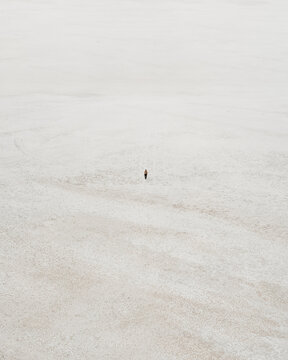 Aerial view of a lone person walking across the vast white expanse of a salt flat in Oman.