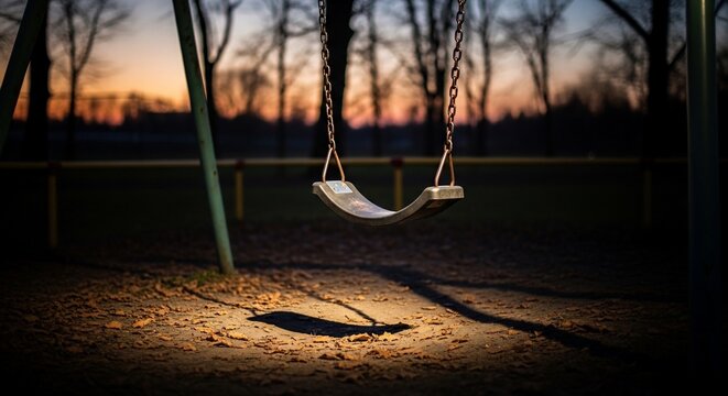 Empty swing set at dusk with long shadows and trees in the background.
