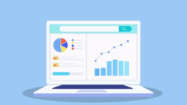 Flat animation of a laptop dashboard with pie chart, bar chart, user profile icons, and rising line graph, representing data analytics, user data tracking, and business growth.
