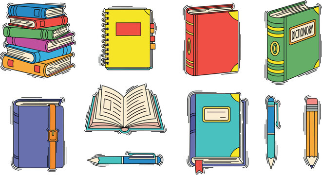 School supplies collection with books notebooks pencil pen and stationery items colorful cartoon vector illustration for education design
