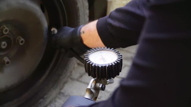 Man driver hand inflating tires. Fill Air station service for vehicle tires. Checking air pressure car wheels maintenance and safety. Mechanic inflating put air into the tyre, checking air pressure. 