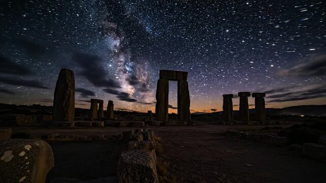 Ancient Stone Pillars Evolving From Sunset to Milky Way Sky Time-lapse