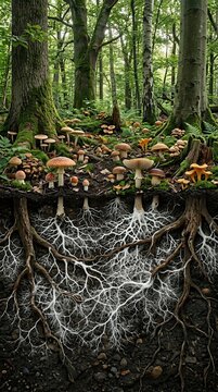 Forest floor displaying a complex underground mycorrhizal network, roots and fungi creating an essential symbiotic relationship, vital for woodland ecosystems, earth's interconnected life system
