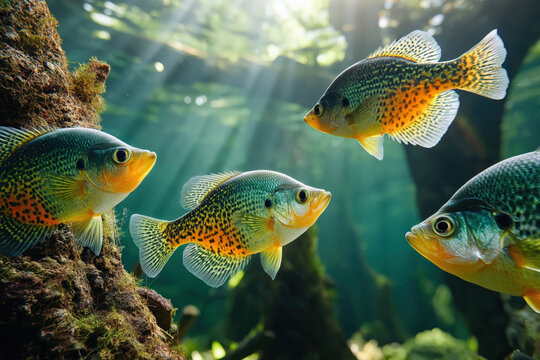 School of Crappie Fish Swimming in a Sunlit Freshwater Lake Underwater created with Generative AI Technology, ai, generative