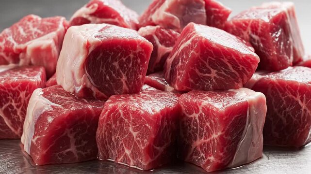 Close-Up of Raw Beef Cubes Stacked on a Metal Surface, Ready for Cooking