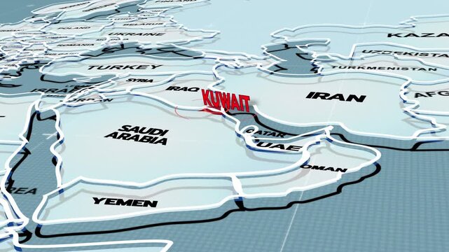  a stylized 3D map highlighting KUWAIT, Middle East, KUWAIT map, KUWAIT