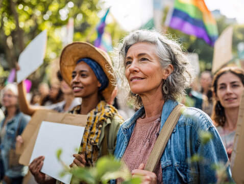 Women at Peaceful Protest with Rainbow Flag 