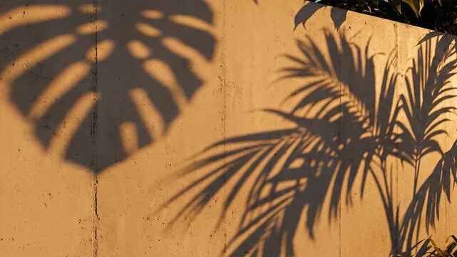 Golden hour sunlight casts dramatic shadows of a monstera leaf and palm fronds onto a textured wall, creating a natural abstract pattern.