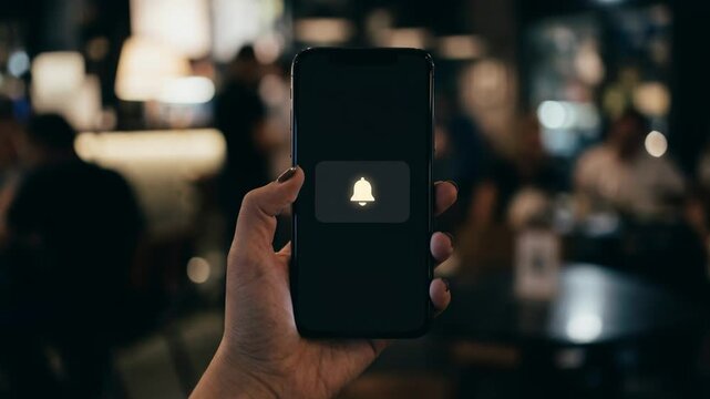 Close medium shot of a mobile device featuring a digital card with a notification alert in dark mode blurring the surrounding environment.