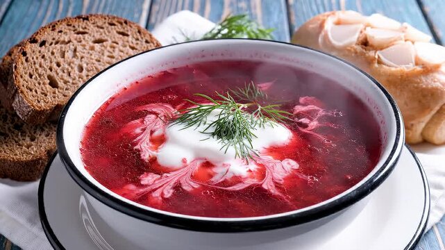 Steaming Bowl of Borscht Soup Garnished With Dill and Sour Cream, Served With Dark Bread