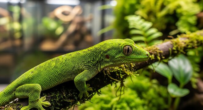 Vibrant green lizard perched on mossy branch in tropical environment