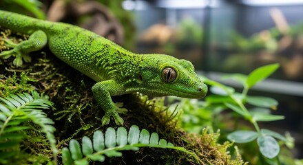 Obraz premium Vibrant green lizard perched on mossy foliage in tropical environment