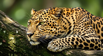 Fototapeta premium Leopard resting on a tree branch in a natural setting