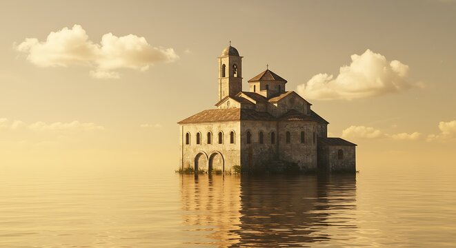Serene architectural structure floating on water under a cloudy sky
