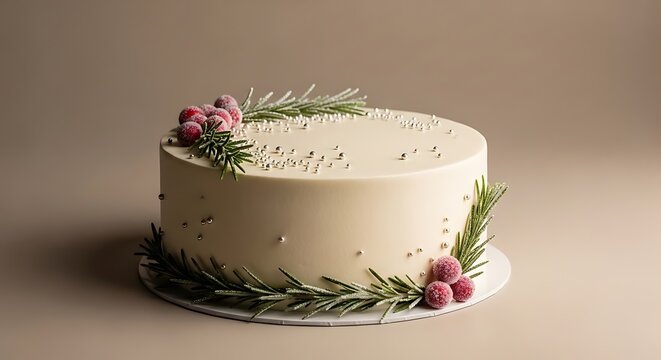 A minimalist white holiday cake decorated with frosted cranberries and fresh rosemary sprigs. und kuchen