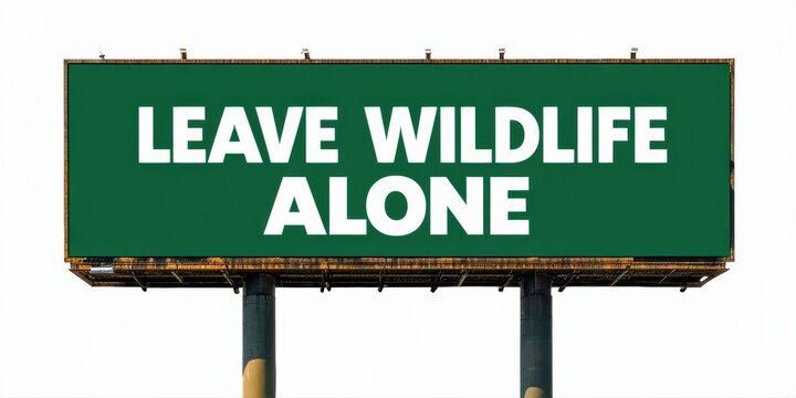 Billboard displays message requesting wildlife be undisturbed. Green background, white text. Simple design promotes conservation efforts.