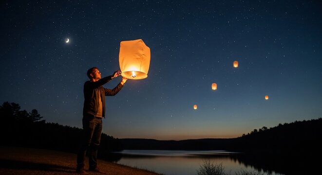 Man releasing a glowing sky lantern into the twilight sky over a serene lake, surrounded by other floating lanterns and distant stars.
