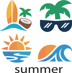 Obraz premium summer logo icon set in flat vector style, featuring sun, palm tree, sunglasses, waves, and tropical elements .